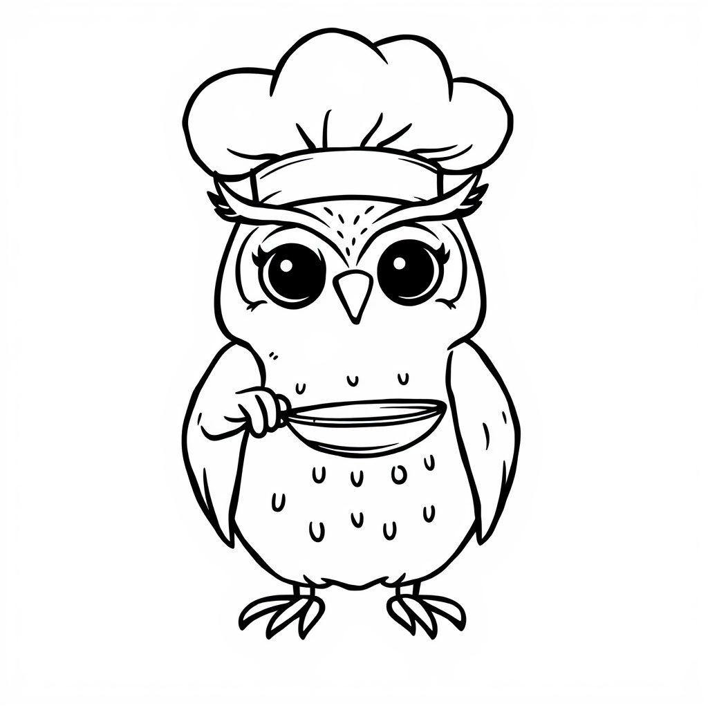 Owl chef with a frying pan