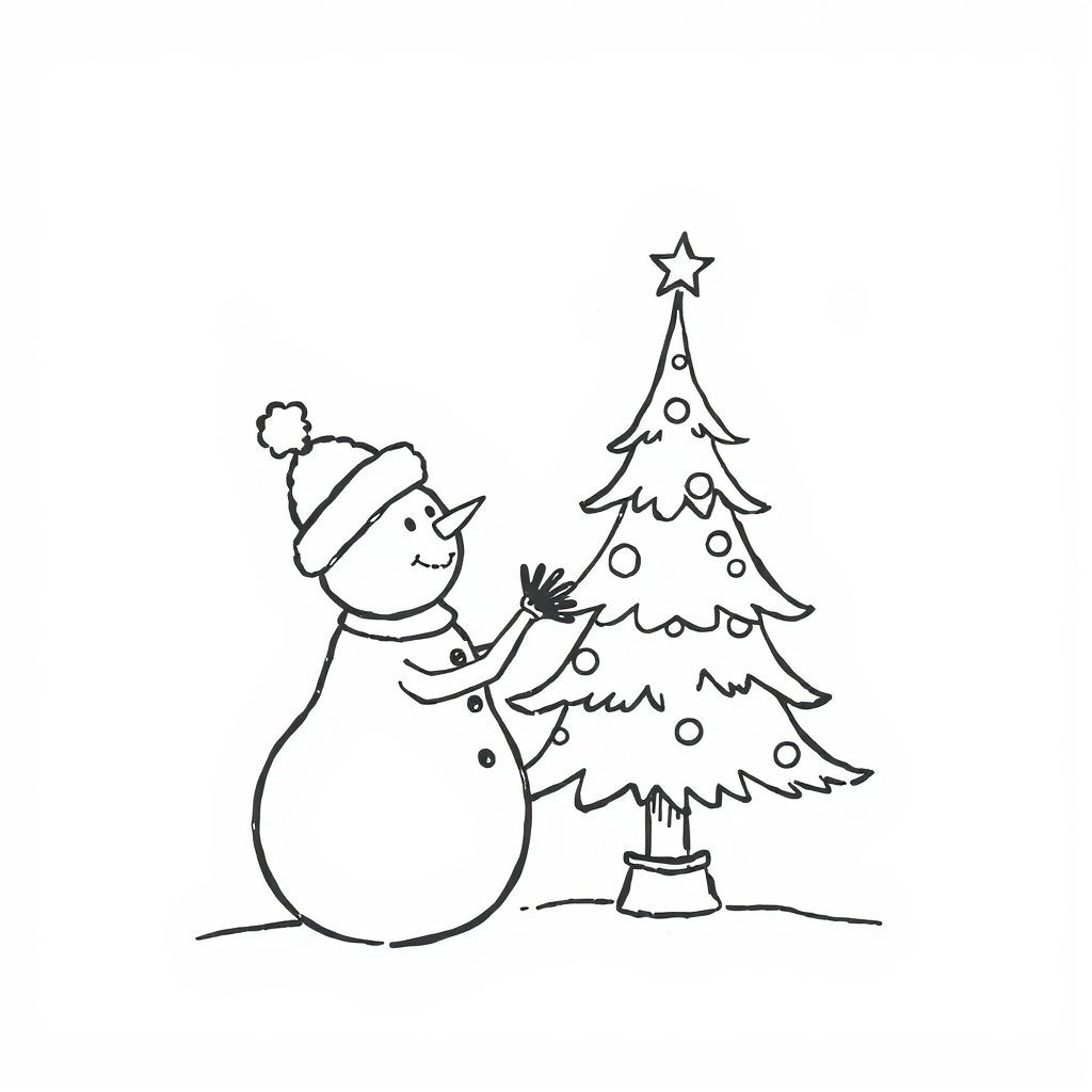 Snowman admiring Christmas tree.