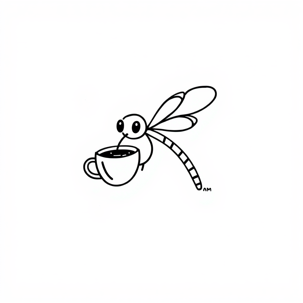 Dragonfly drinking coffee