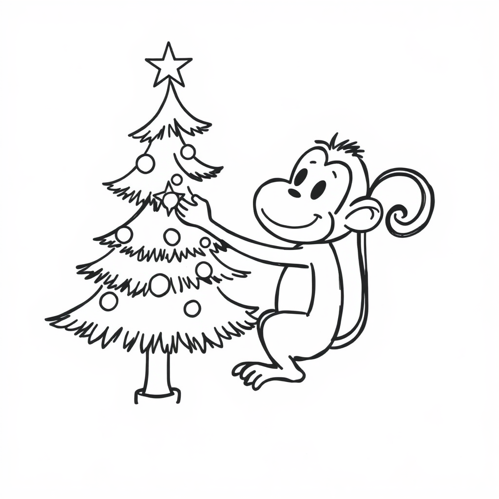 Monkey decorating a Christmas tree