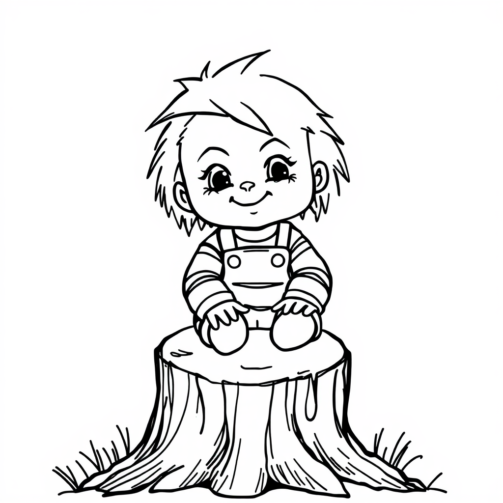 Chucky sitting on a tree stump