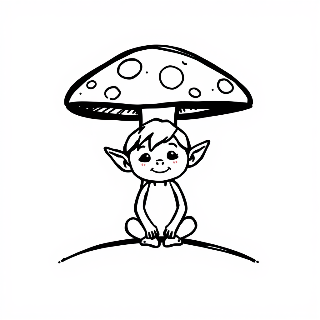 Elf sitting under a mushroom