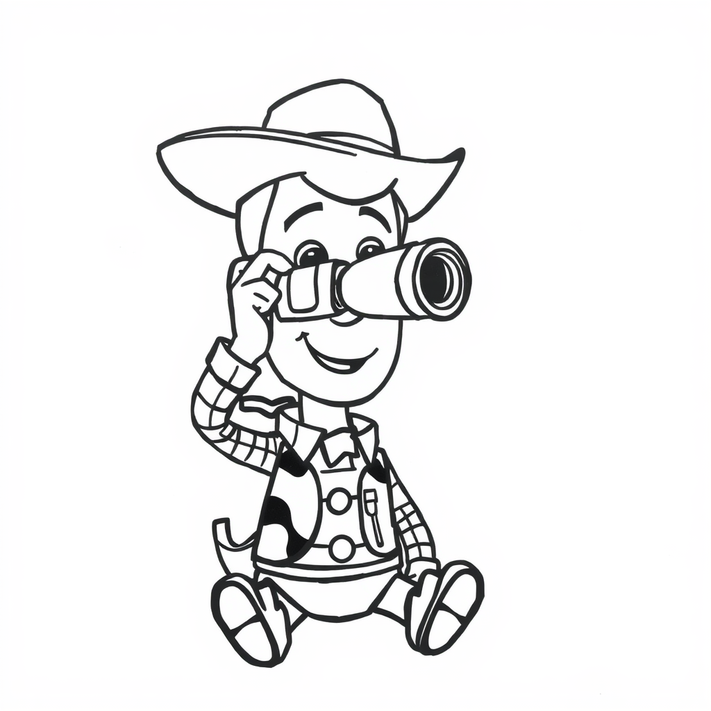 Woody using a toy binocular