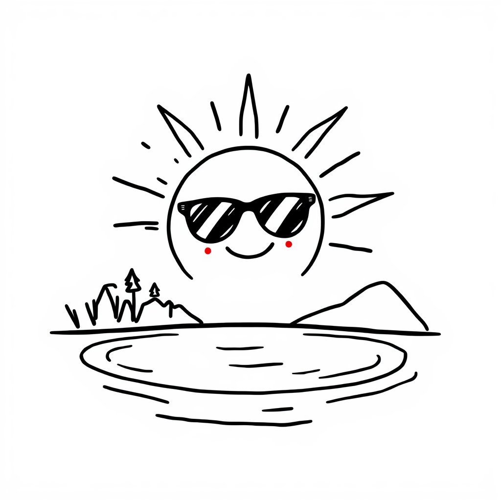 Sun with Sunglasses shining on a lake