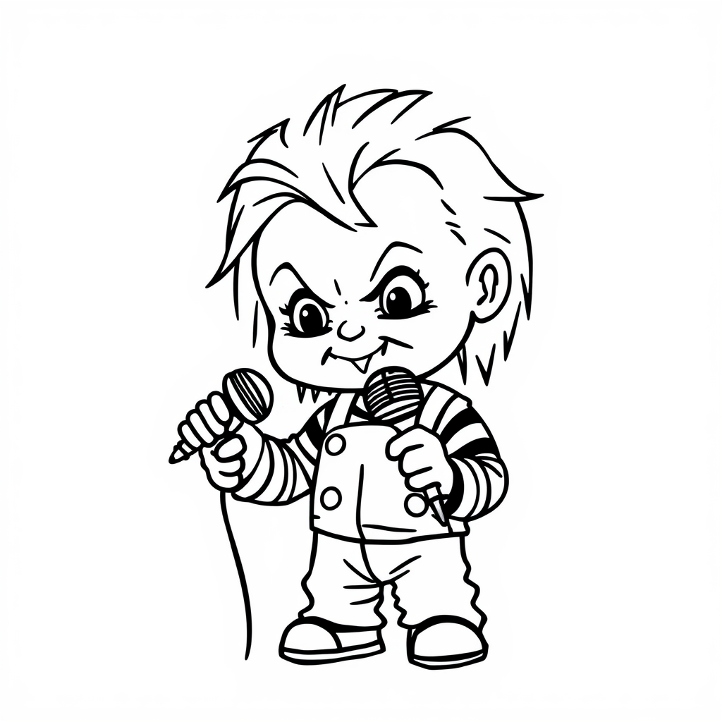 Chucky holding a microphone