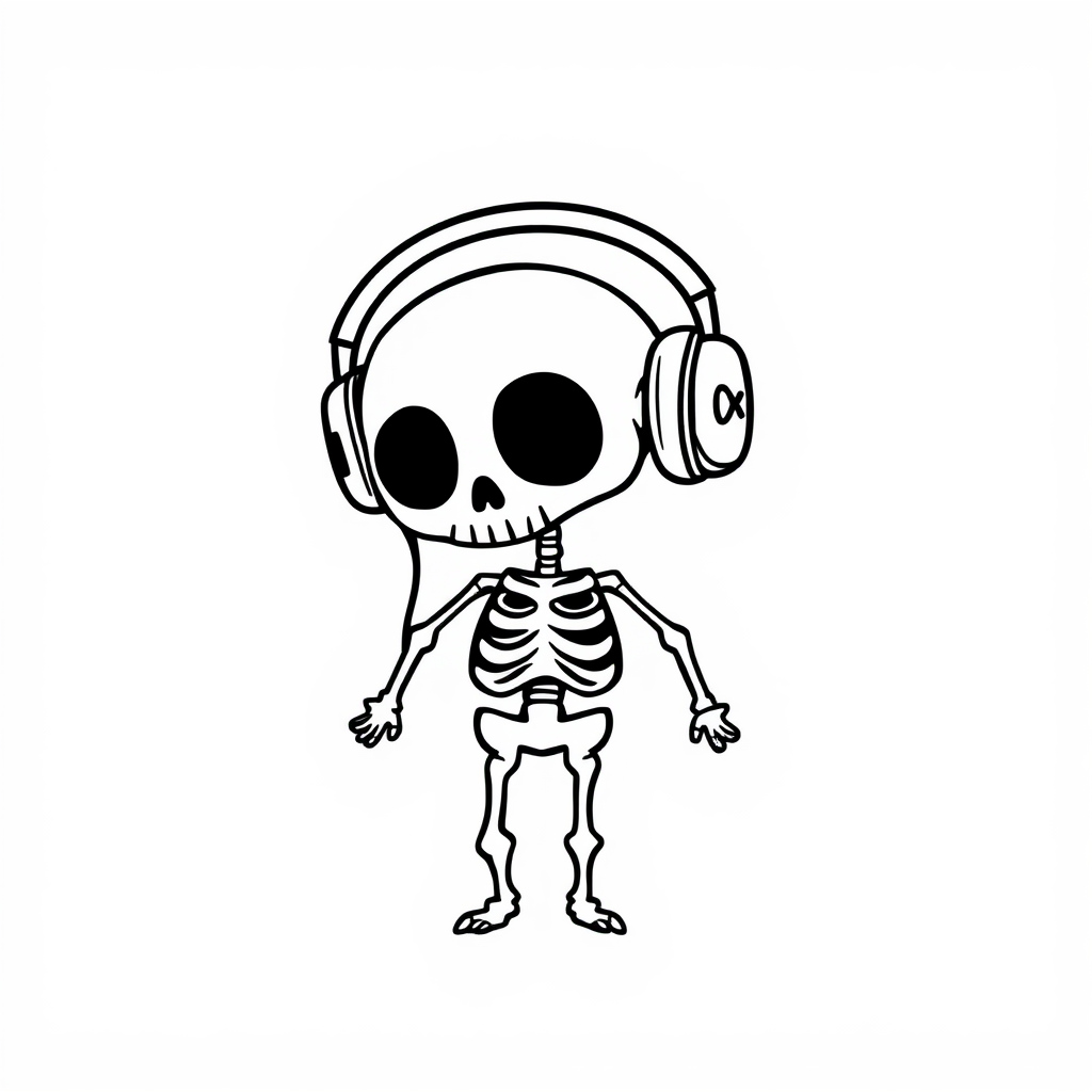 Skeleton wearing headphones.