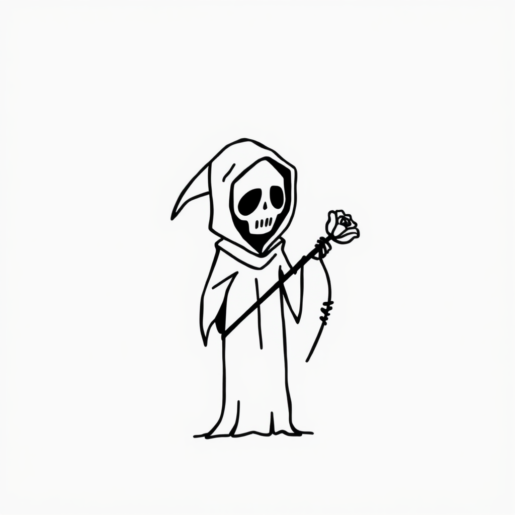 Sad Grim Reaper holding a wilted flower