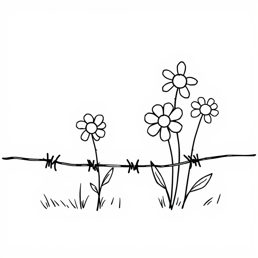 Happy flowers escaping barbed wire