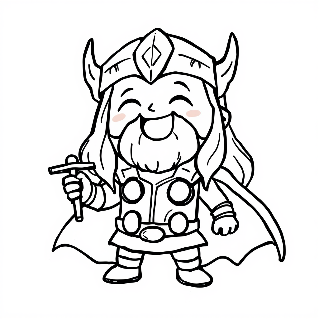 Thor laughing heartily with Mjolnir