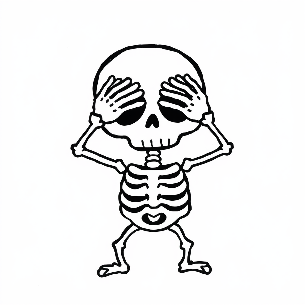 Scared skeleton covering eyes with hands