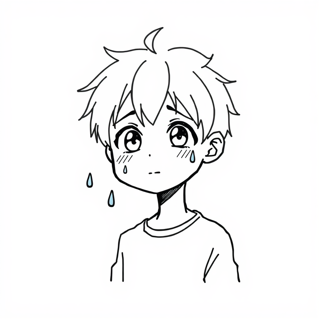 Nervous anime boy with sweat drops