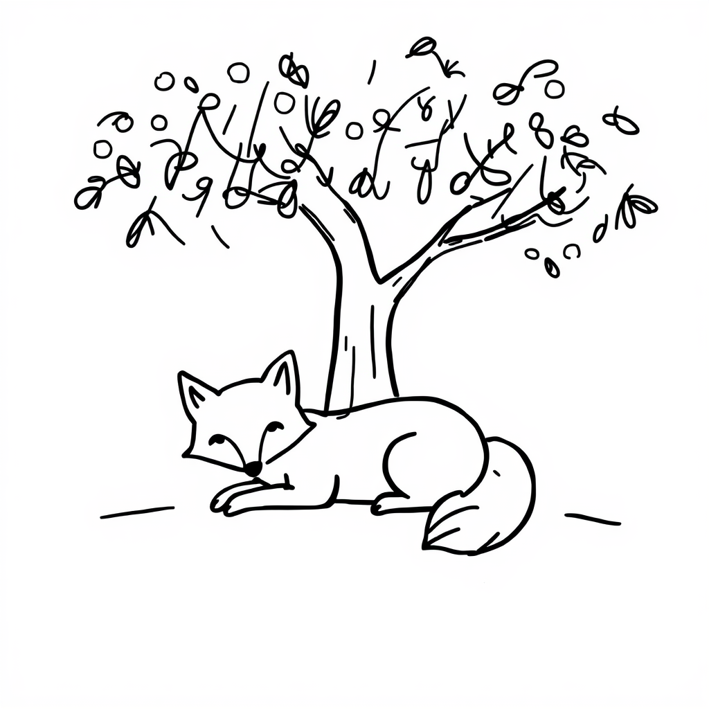 Relaxed fox lying under a tree.