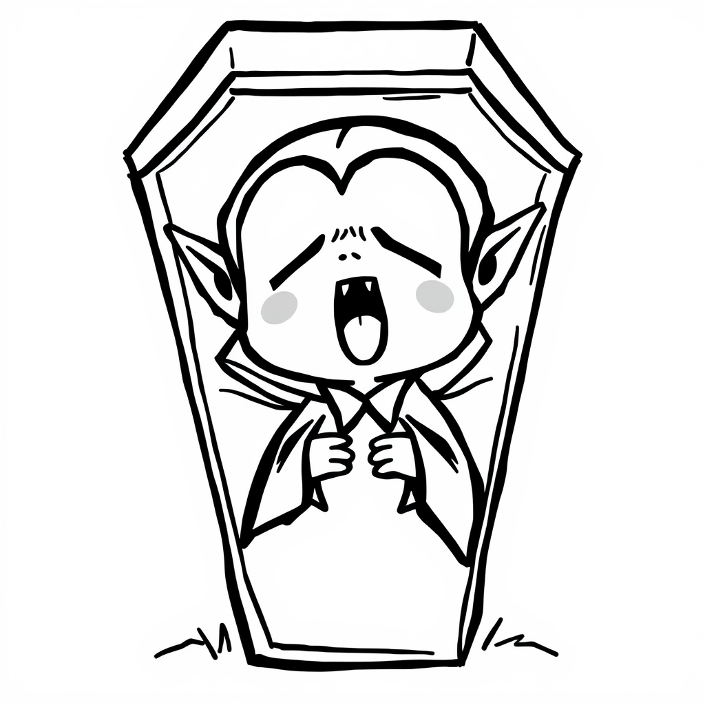 Sleepy vampire yawning in a coffin.