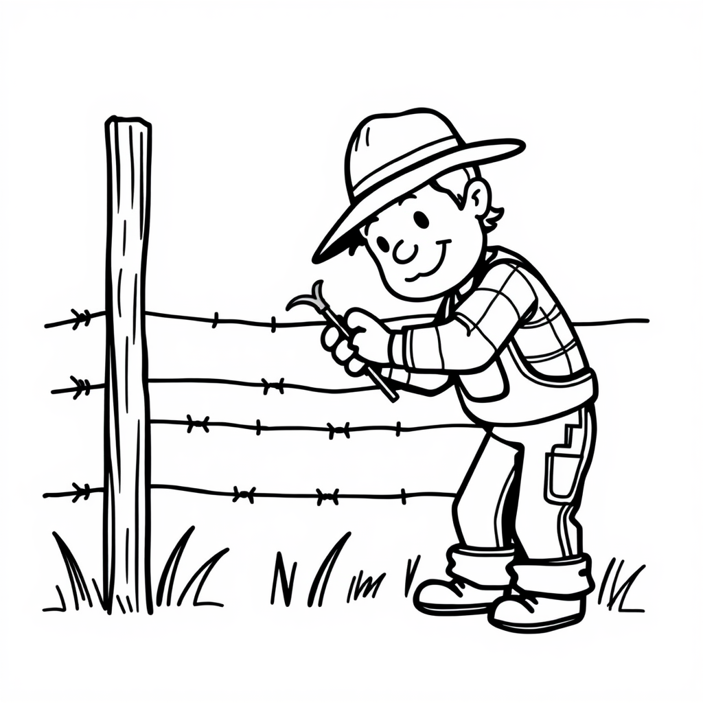 Farmer fixing barbed wire fence