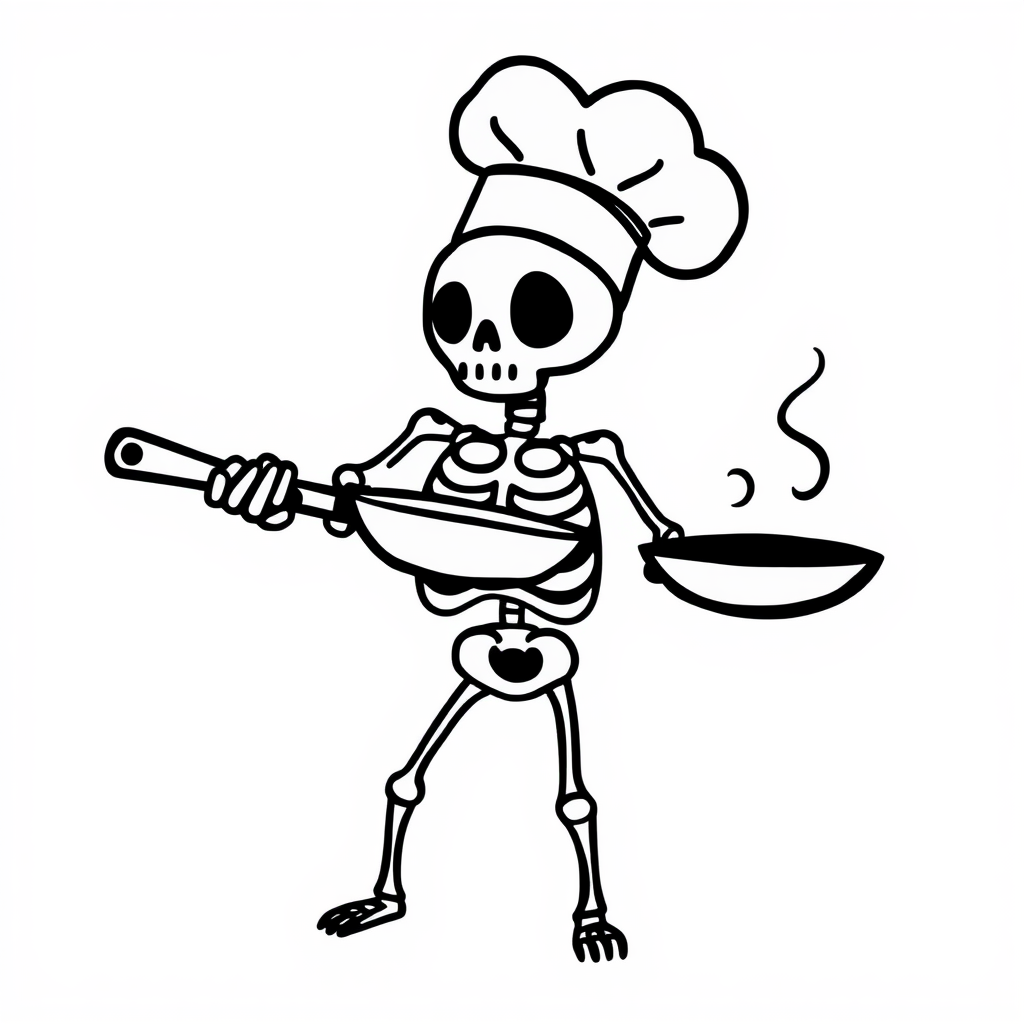 Skeleton Chef with a frying pan