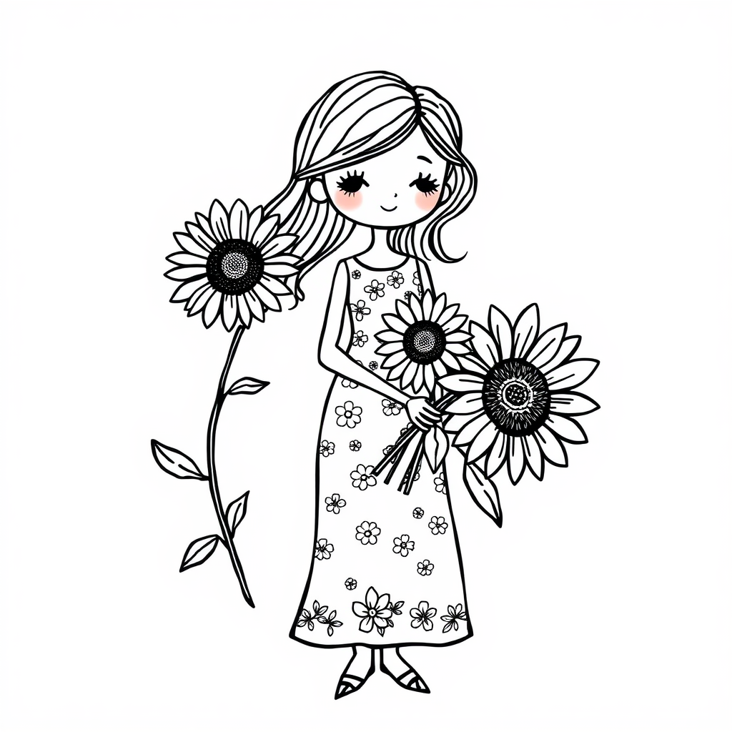 Floral dress woman holding sunflowers