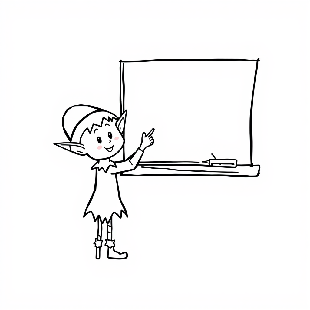 Elf teacher pointing at a chalkboard