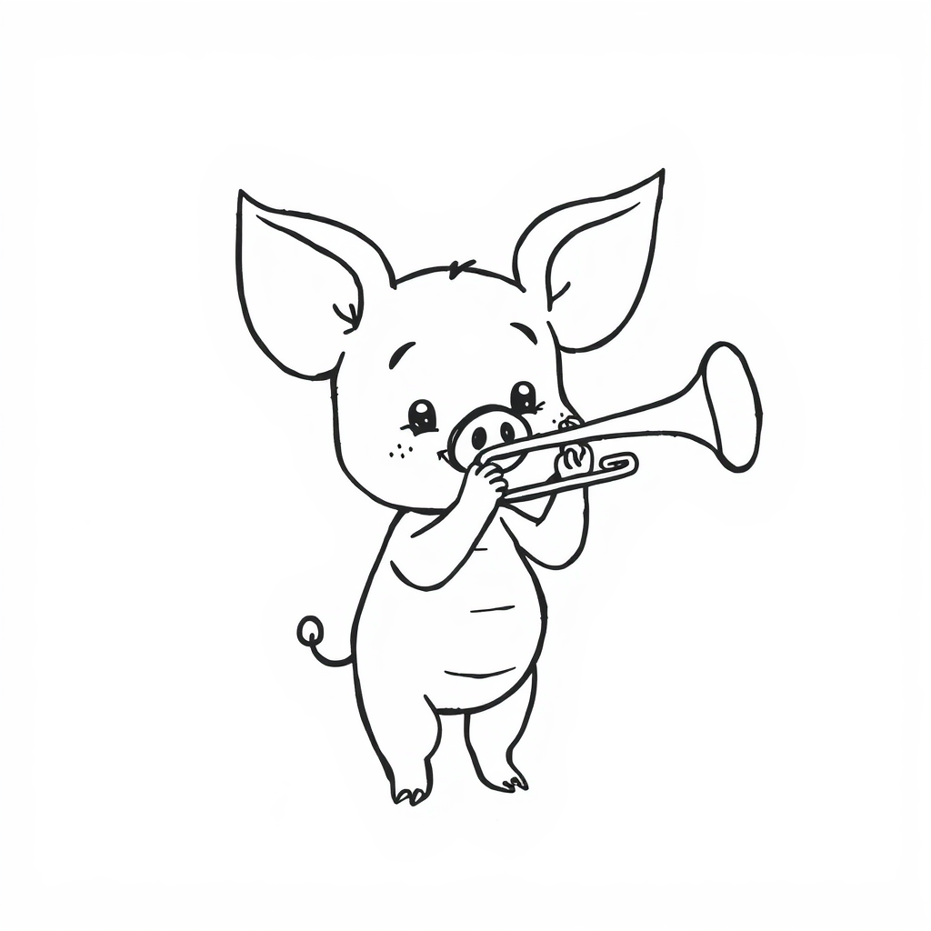 Piglet as a musician playing a trumpet