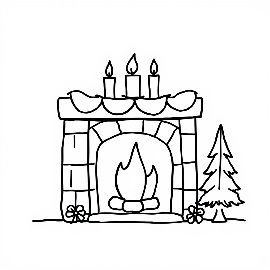 Candles lit on fireplace with winter decor