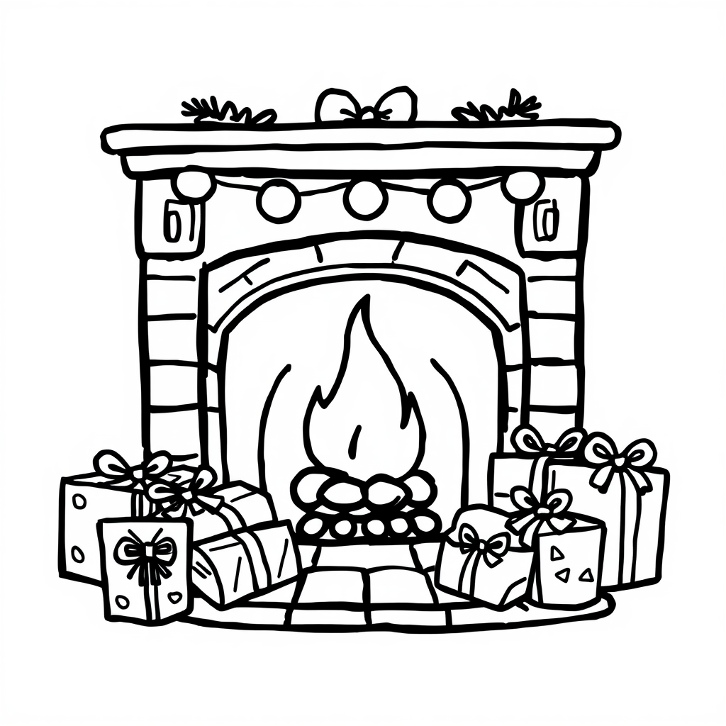 Fireplace surrounded by wrapped Christmas gifts