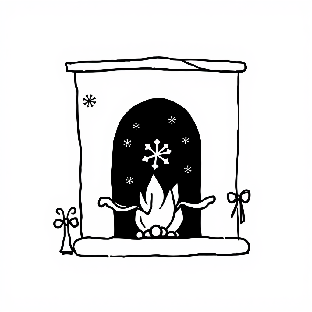 Snowflakes falling by decorated fireplace window.