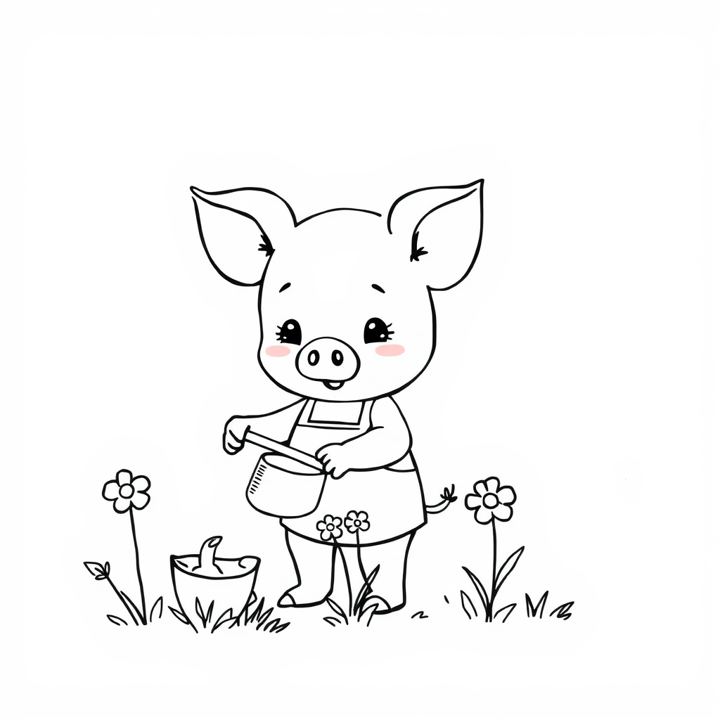 Piglet as a gardener watering flowers.