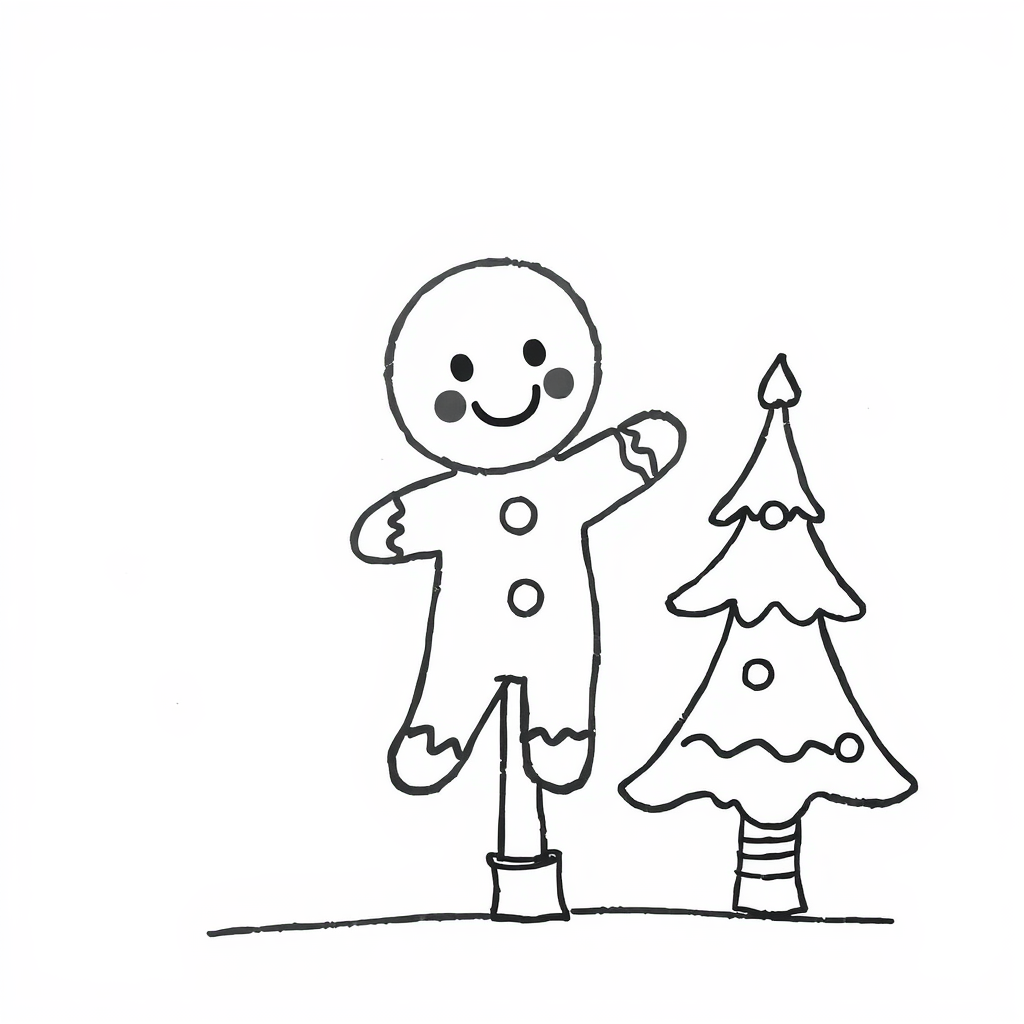 Gingerbread Man decorating a Christmas tree