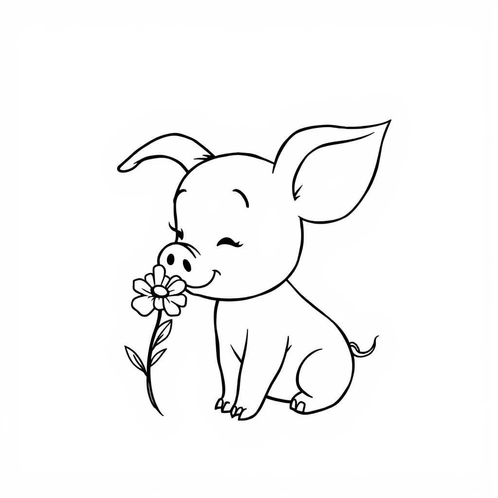 Piglet smelling a flower