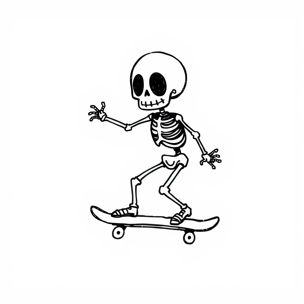 Skeleton riding a skateboard