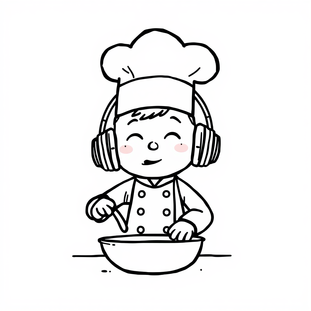 Chef cooking with headphones on