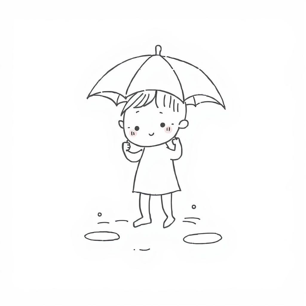 Child splashing puddles with umbrella