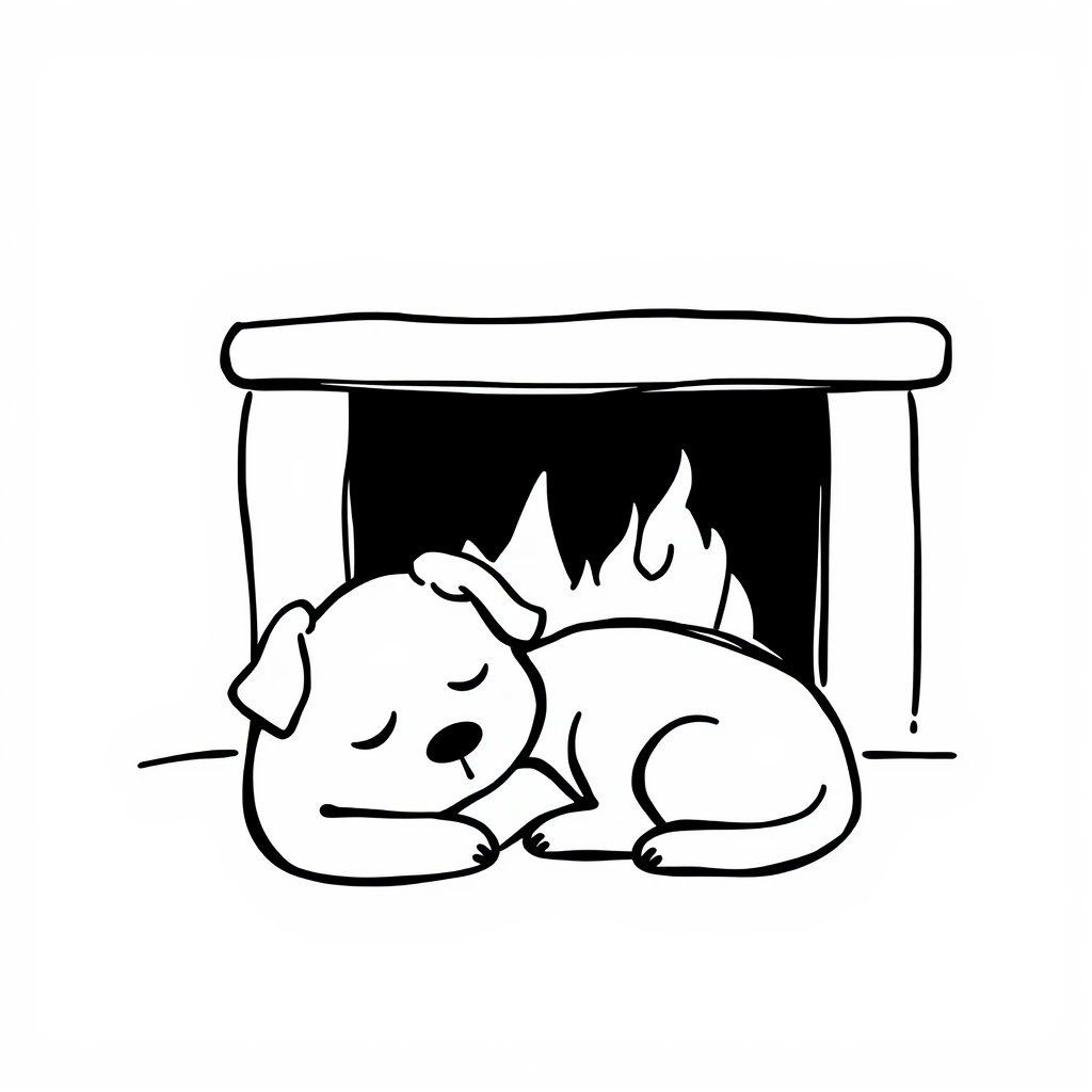 Dog napping by glowing fireplace