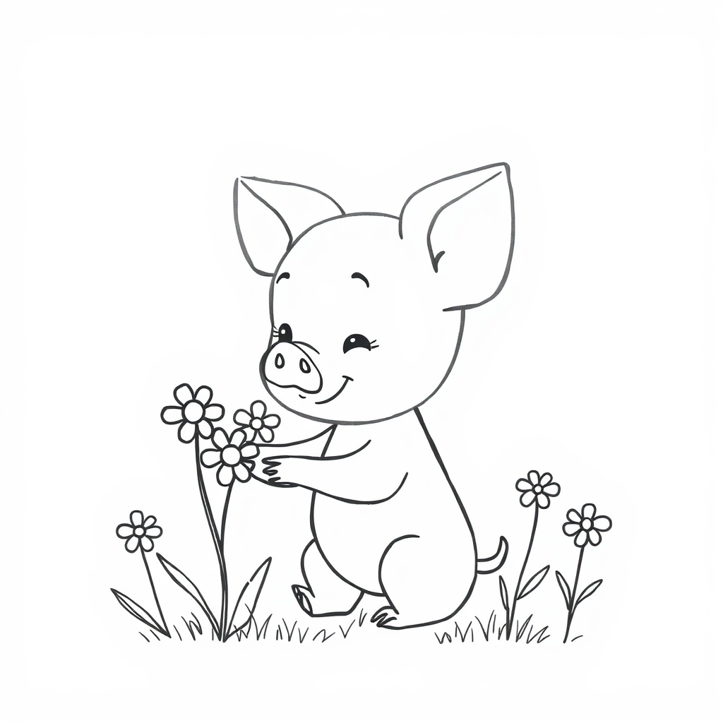 Piglet picking flowers