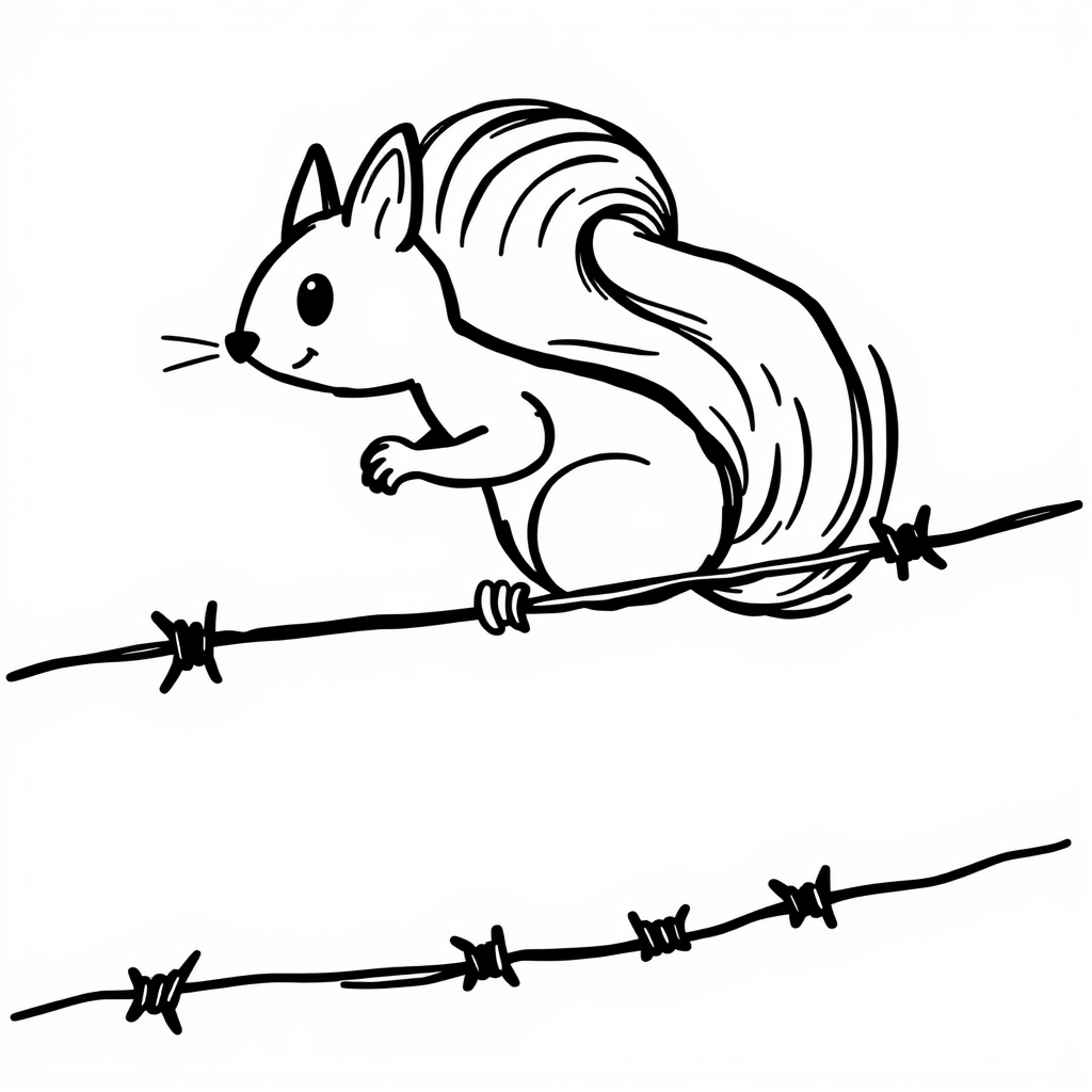 Squirrel running along barbed wire