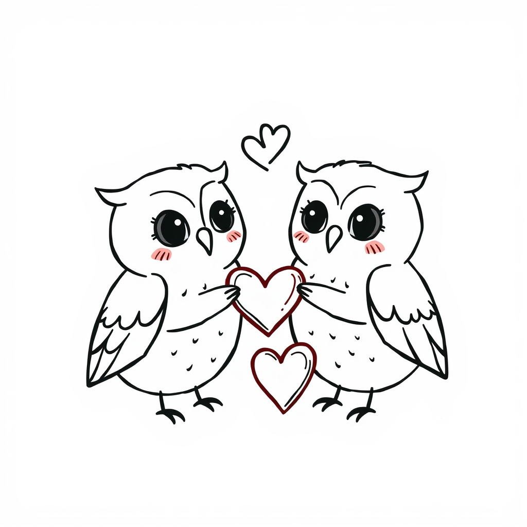 Owls exchanging heart-shaped chocolates