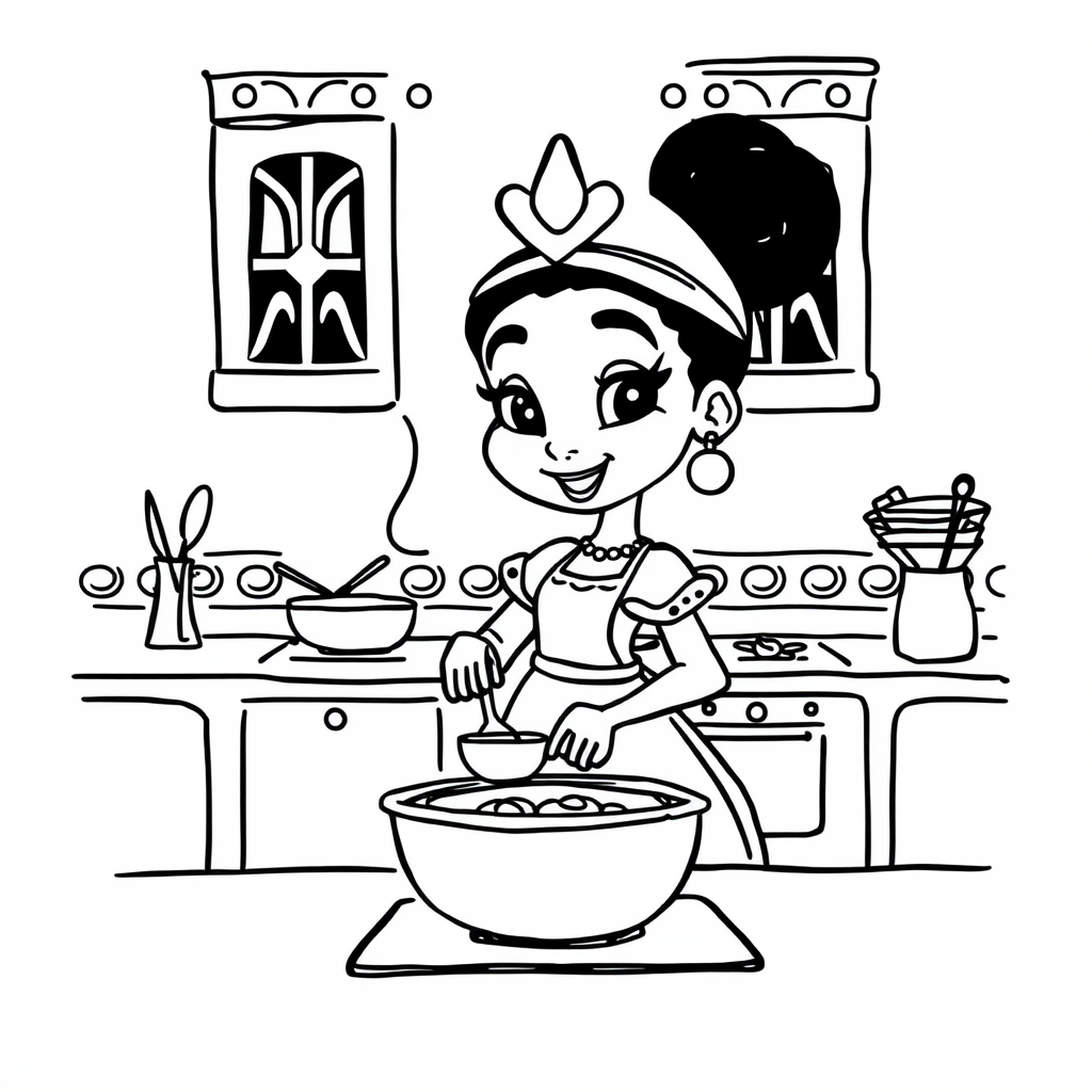 Tiana cooking in royal kitchen.