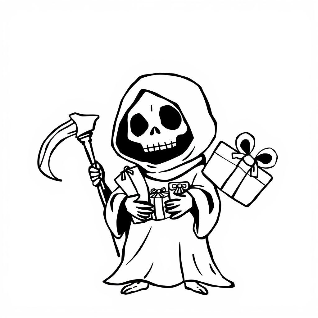 Grim Reaper giving holiday gifts.