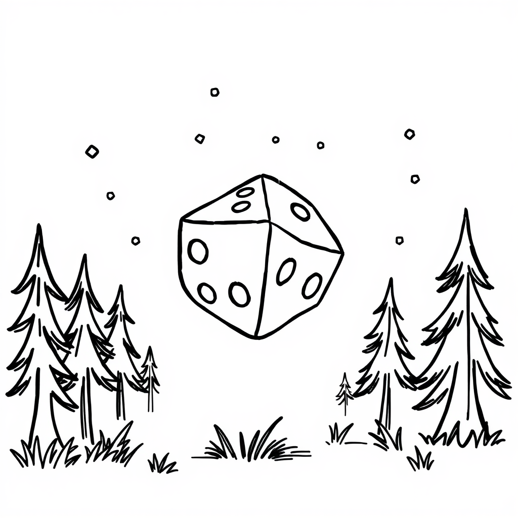 Magical dice floating in enchanted forest