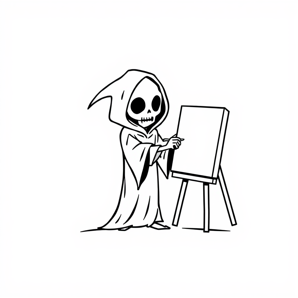 Grim Reaper painting a canvas