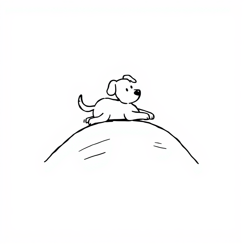 Dog stretching on a hill