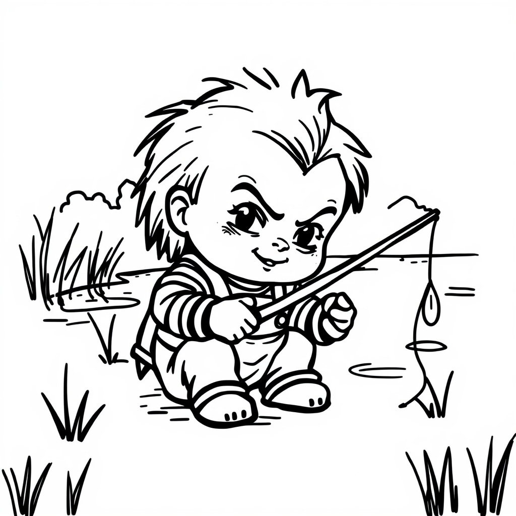 Chucky fishing by a pond