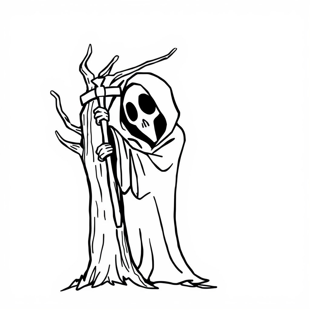 Grim Reaper leaning against a tree