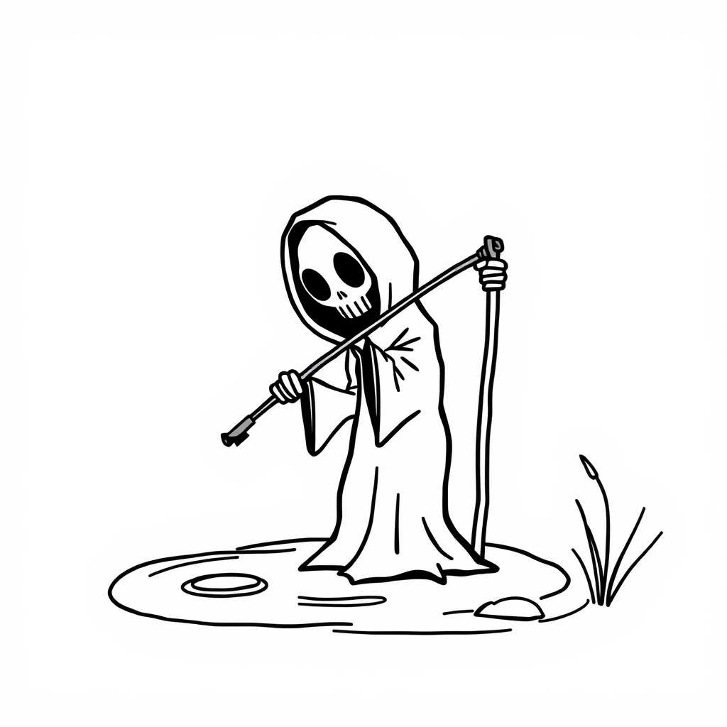 Grim Reaper fishing by a pond