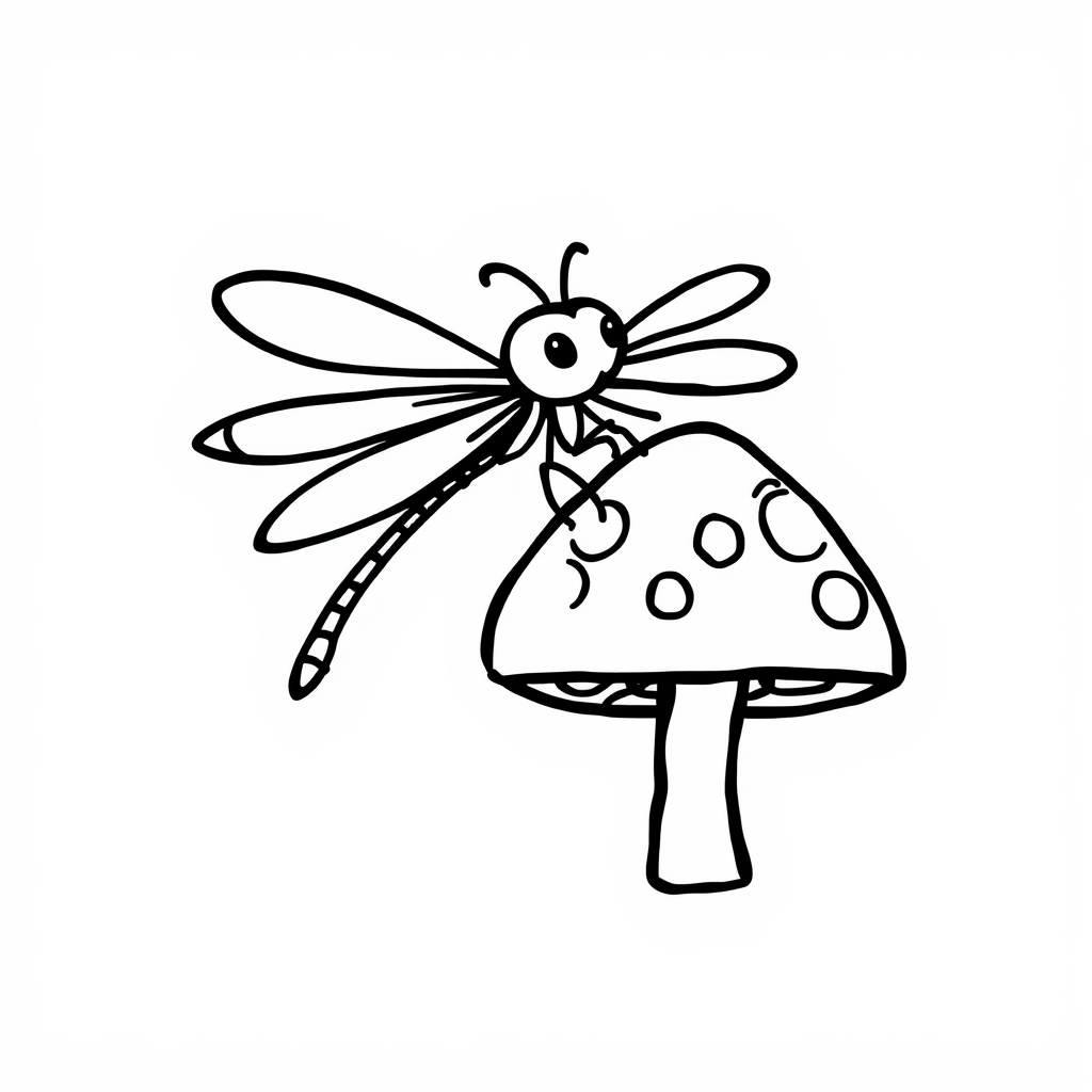 Dragonfly perched on a mushroom