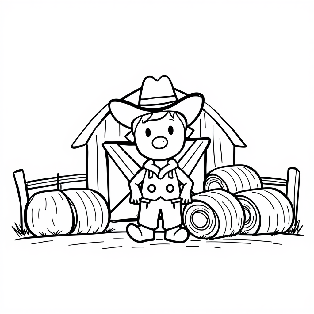 Cowboy at barn with hay bales.