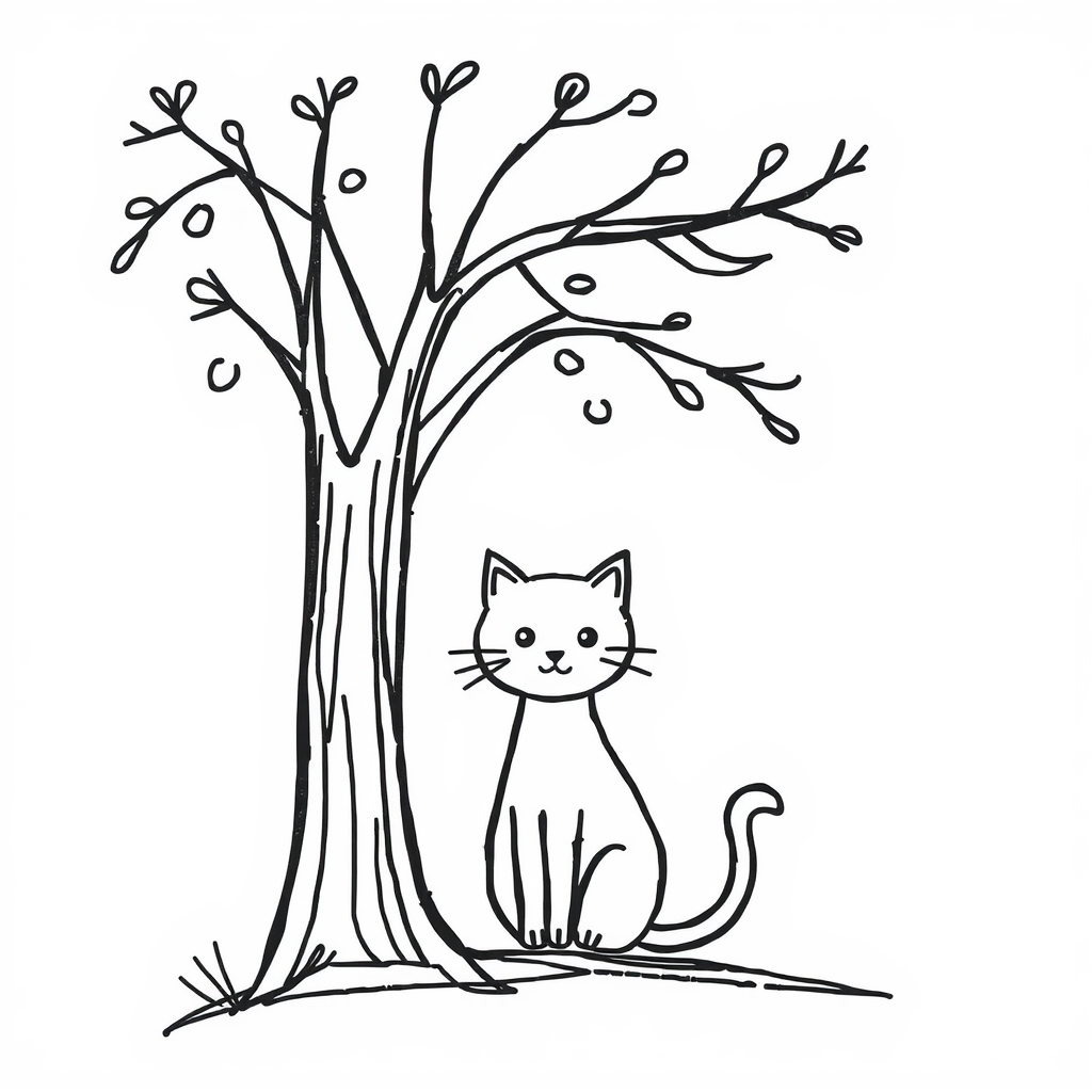 Sitting cat under a tree