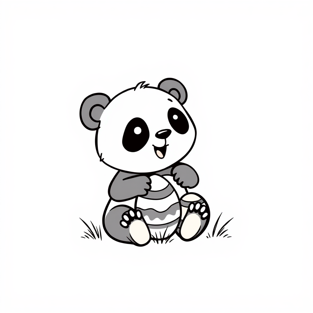 Cartoon Panda playing with Easter eggs