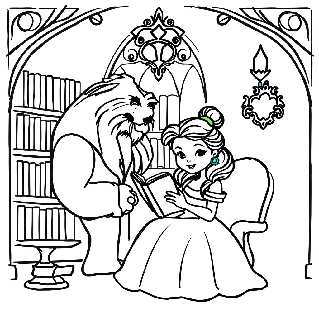 Belle reading in Beast's library