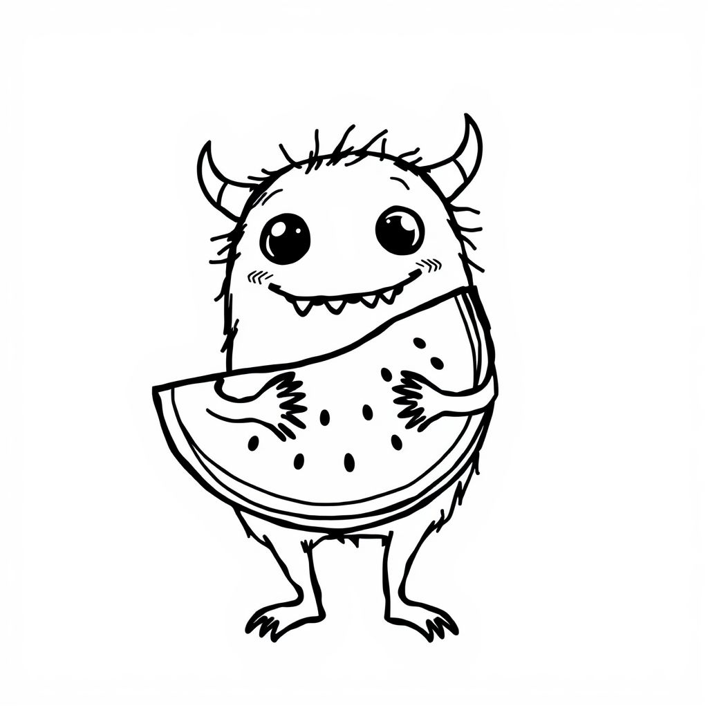 Cute Monster hugging a watermelon slice