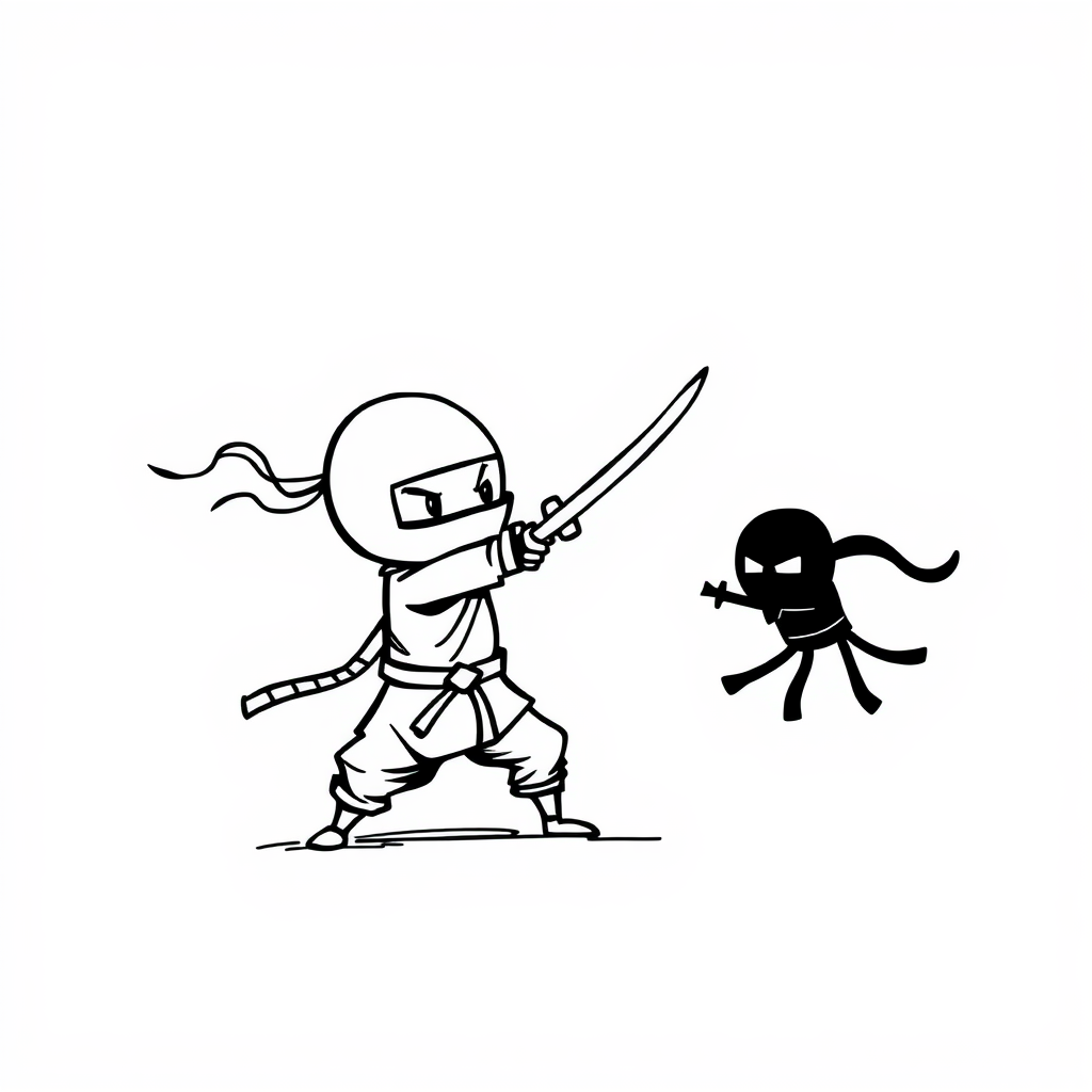 Ninja clashing swords with shadowy enemy